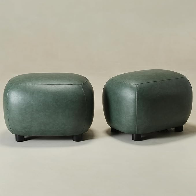 KINWELL 23" Wide Faux Leather Upholstered Ottoman Set of 2, Mid-Century Modern Living Room Footrest with Soft Padded Seat, Footstool for Bedroom, Entryway or Living Room, Green