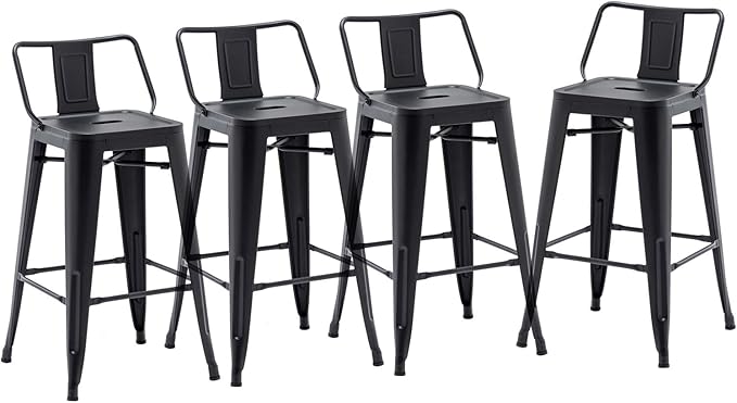 HAOBO Home 30" Low Back Metal Counter Stool Height Bar Stools [Set of 4] for Indoor/Outdoor Barstools, Matte Black