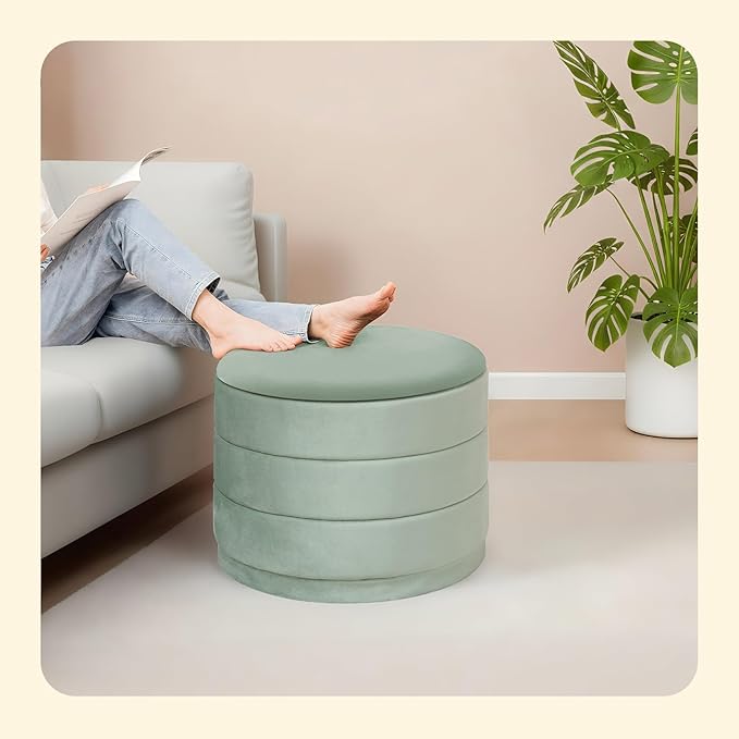PINPLUS Large Round Velvet Storage Ottoman, Sage Upholstered Footstool with Hidden Storage, Sturdy Coffee Table Ottoman for Living Room & Bedroom