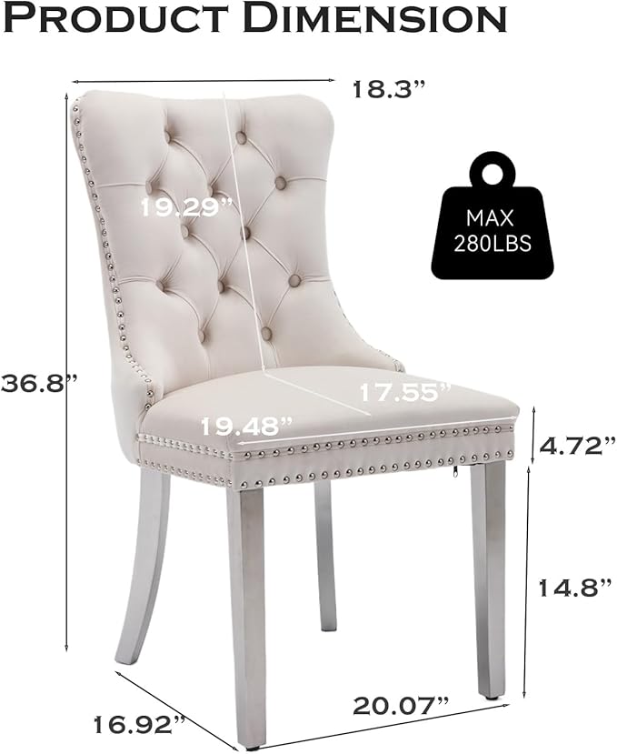Velvet Upholstered Dining Chairs Set of 6, Modern Style Kitchen Side Chairs with Nailhead Trim and Silver Plated Leg, Metal Pulling Ring for Dining Room Living Room