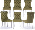 Velvet Upholstered Dining Chairs Set of 6, Modern Kitchen Side Chairs with Nailhead Trim and Silver Plated Leg, Metal Pulling Ring for Dining Room Living Room(Olive Green-Silver Plated Leg)