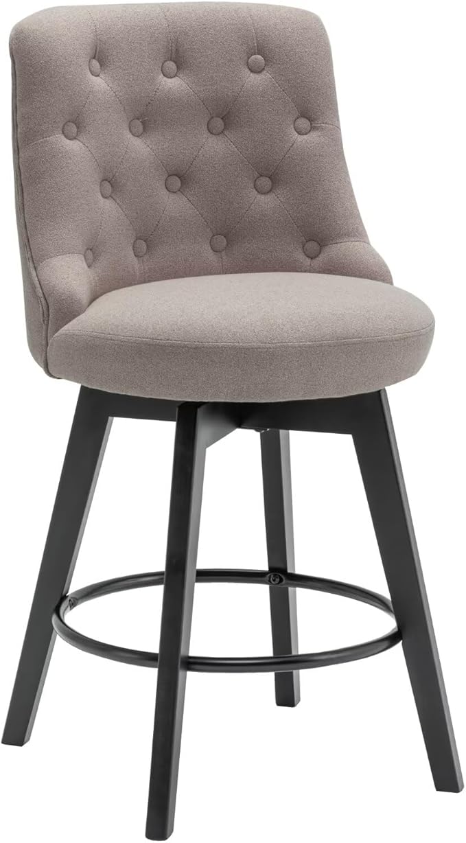 MINCETA Set of 2 Upholstered Bar Stools - 26 Inch Swivel Counter Height Stools with Low Tufted Back, Footrest & Performance Fabric - Round Seat for Kitchen Island & Home Bar Taupe