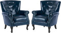 MOJAY PU Leather Accent Chair Set of 2, Mid-Century Modern Armchair Living Room Club Chair with Tufted Button & Rivet Trim, Upholstered Sofa Chair with Sturdy Wood Legs for Bedroom (Navy)