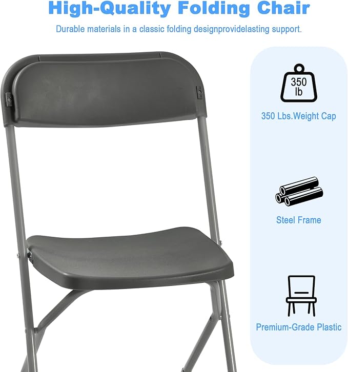 10 Pack Plastic Folding Chairs, Portable Party Chairs, Stackable Commercial Seats with Steel Frame for Home Office Wedding Party Indoor Outdoor Events Chairs, 350lbs Capacity,Gray