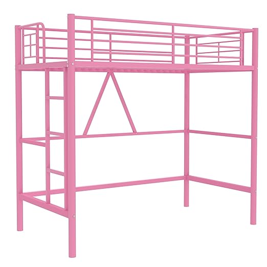VECELO Metal Loft Bed Twin Size, Heavy Duty Bedframe with Removable Ladder and Safety Guardrail, Space-Saving, Noise Free, No Box Spring Needed, Light Pink