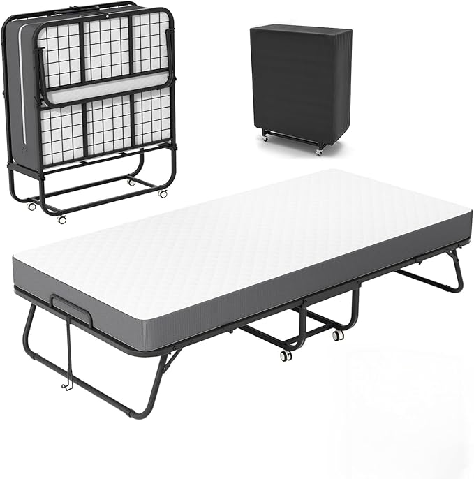 75" x 31" Folding Bed with Mattress for Adults, Portable Foldable Single Beds with Memory Foam Mattress & Super Strong Frame, Convenient Roll Away Guest Bed for Storage
