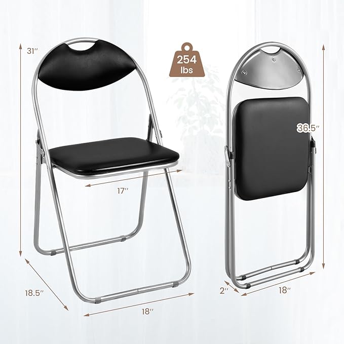 S AFSTAR Folding Chairs Set of 4, Metal Folding Chairs with Carrying Handles, Padded Seats, Non-Slip Foot Pads, Indoor & Outdoor Foldable Padded Chairs for Home Office Reception Room Church, Black