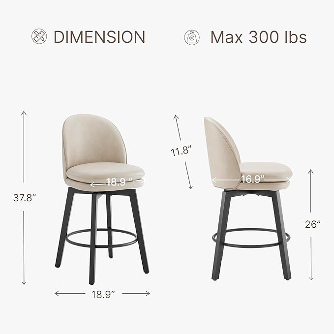 Counter Height Barstools 26 inch Upholstered Swivel Bar Stools with Back and Wood Legs for Kitchen Island,Set of 2,Beige PU Leather-Armless