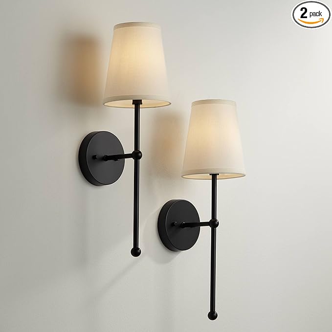 Possini Euro Design Elena Modern Wall Light Sconces Set of 2 Matte Black Metal Hardwired 6" Fixture Cream Linen Tall Drum Shade for Bedroom Living Family Room Home Hallway Dining
