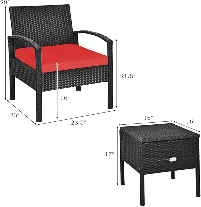 COSTWAY Rattan Patio Furniture Set 3 Pieces, Wicker Conversation Set with Tempered Glass Coffee Table, Seat Cushions, Outdoor Chair Wicker Sofa for Backyard Balcony Porch Poolside, Red