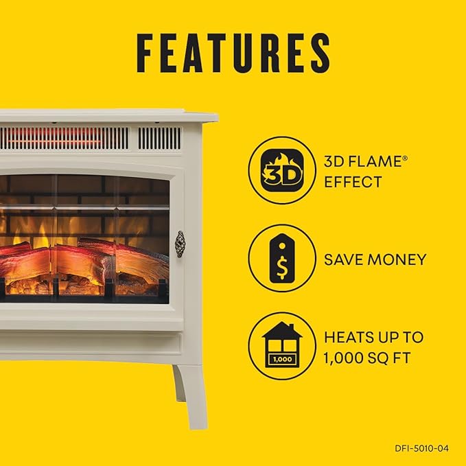 duraflame Freestanding Electric Fireplace Stove Heater with 3D Flame Effect for 1,000 Sq. Ft. Room, Cream