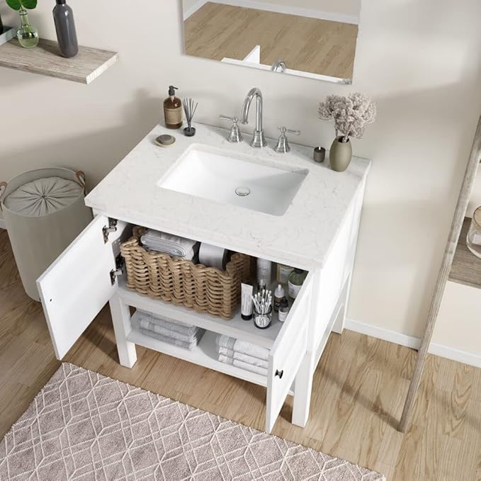 Hanover Manorville 31'' Vanity Cabinet with Sink Combo for Bathroom, Powder Room | Pre-Assembled Cabinet | 2 Doors, Bottom Shelf | Artificial Stone Marble Countertop, White Cabinet | HANVN0101-31-1WH