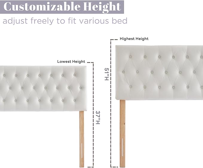 Kingfun Tufted Upholstered King Size Bed Headboard in Modern Button Design, Adjustable Solid Wood Head Board, Premium Velvet Fabric Padded Headboards in Bedroom (White)