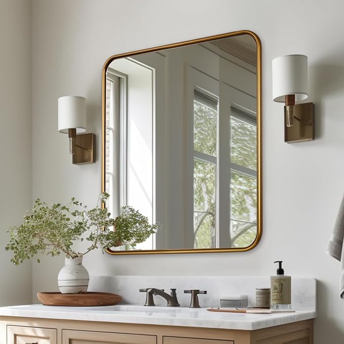 ANDY STAR Brass Mirror, 36x40 Inch Gold Rectangle Mirror for Bathroom with Rounded Corner, Brushed Brass Vanity Rectangular Mirrors with Tube Metal Frame, Wall Mounted