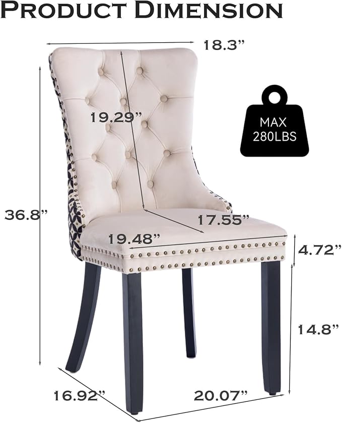 Velvet Upholstered Dining Chairs Set of 8, Modern Style Kitchen Side Chairs with Nailhead Trim and Wood Legs,Metal Pulling Ring for Dining Room Living Room(Quadrangular Star&Beige)