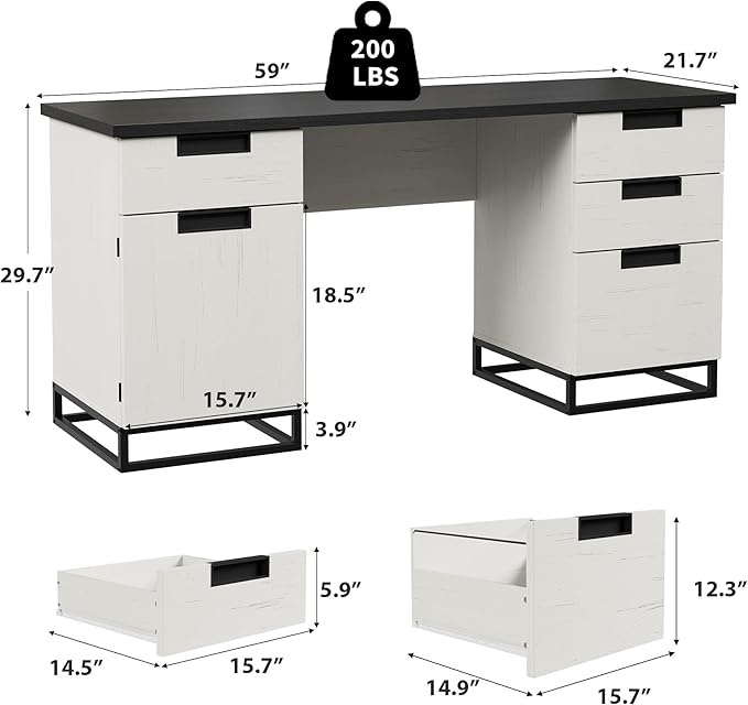 GAOMON Farmhouse Executive Desk, 59 Inch Computer Desk, White Home Office Desks with File Drawer and Storage Cabinet, Wood Writing Desks for Bedroom, Home Office, White+Black