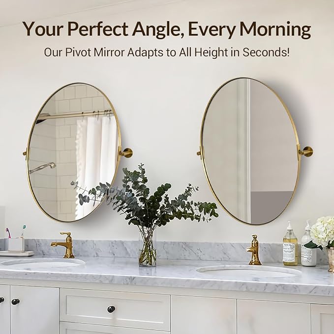 ANDY STAR Gold Bathroom Mirror, 20" x 30" Tilting Vanity Oval Mirror for Wall, Brushed Gold Stainless Steel Metal Frame Pivot Mirror Hangs Vertically Wall-Mounted