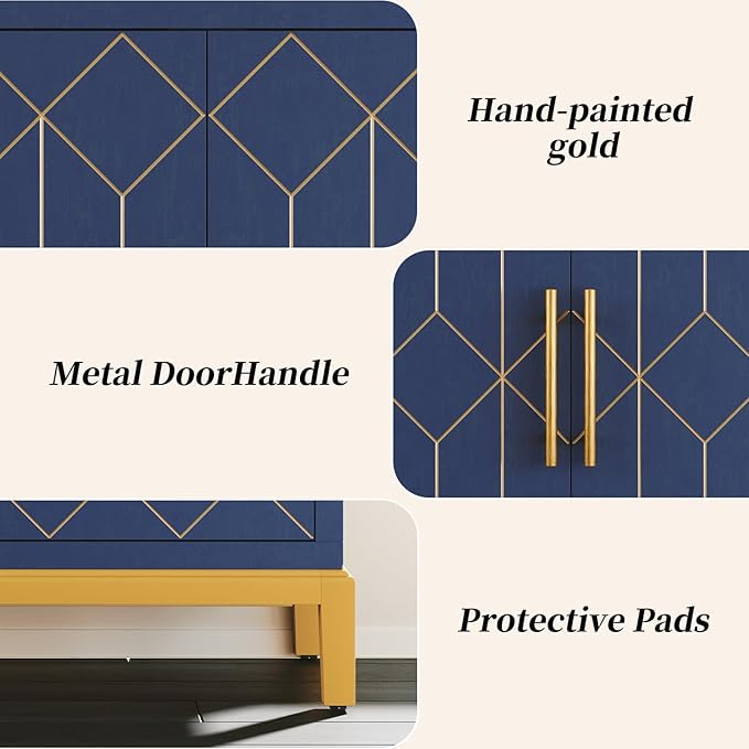 HLR Accent Cabinet with Gold Trim,Storage Cabinet with 2 Doors,Modern Wooden Sideboard for Living Room, Kitchen, Office and Hallway,Blue