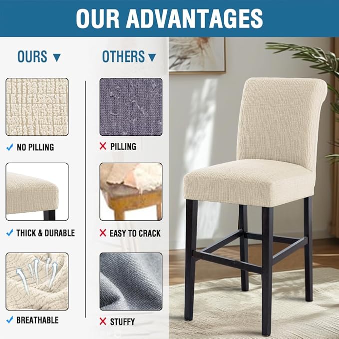 H.VERSAILTEX 100% Waterproof Pub Counter Stool Chair Covers Slipcover Rectangular Jacquard Crizzle Pattern Stretch Barstool Seat Covers with Backs Washable Dining Room Chair Covers Set of 2, Ivory