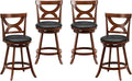 COSTWAY Bar Stools Set of 4, 360-Degree Swivel Chairs with Soft Cushion & Elegant Hollow Backrest, Rubber Wood Footrests, Upholstered Swivel Counter Stools for Kitchen Island, Pub, Café (4, 24‘’)