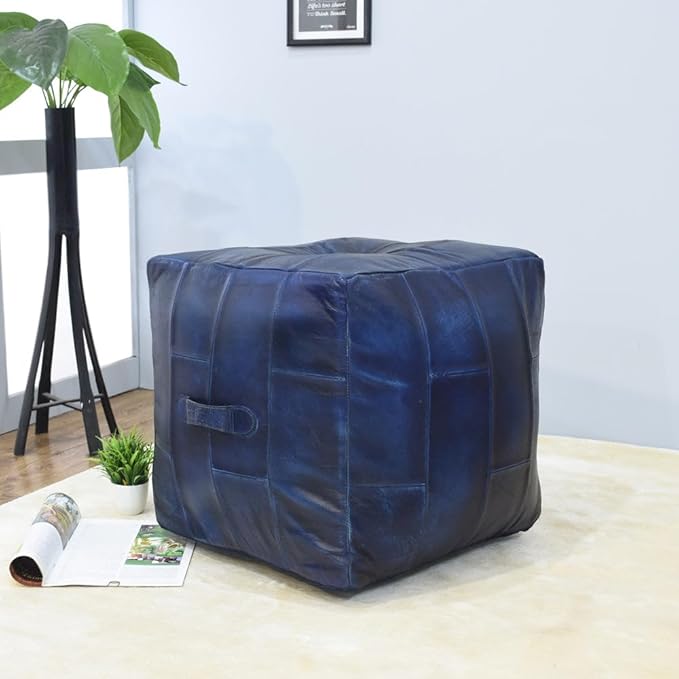 Handmade Eco-Friendly Geometric Leather Pouf Vintage Blue Color Square 16" x 16" x 16" Buffalo Leather Pouf for Living Room, Bedroom Seating, Patio