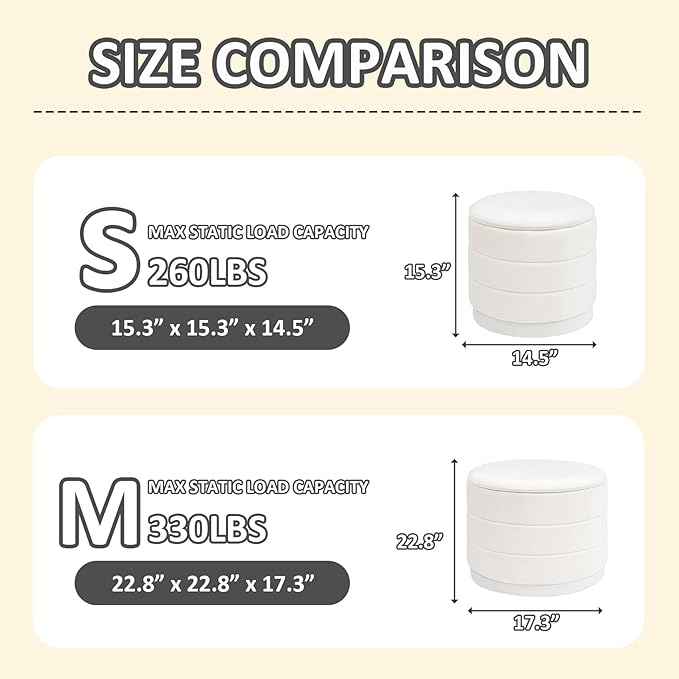 PINPLUS Large Round Velvet Storage Ottoman, White Upholstered Footstool with Hidden Storage, Sturdy Coffee Table Ottoman for Living Room & Bedroom