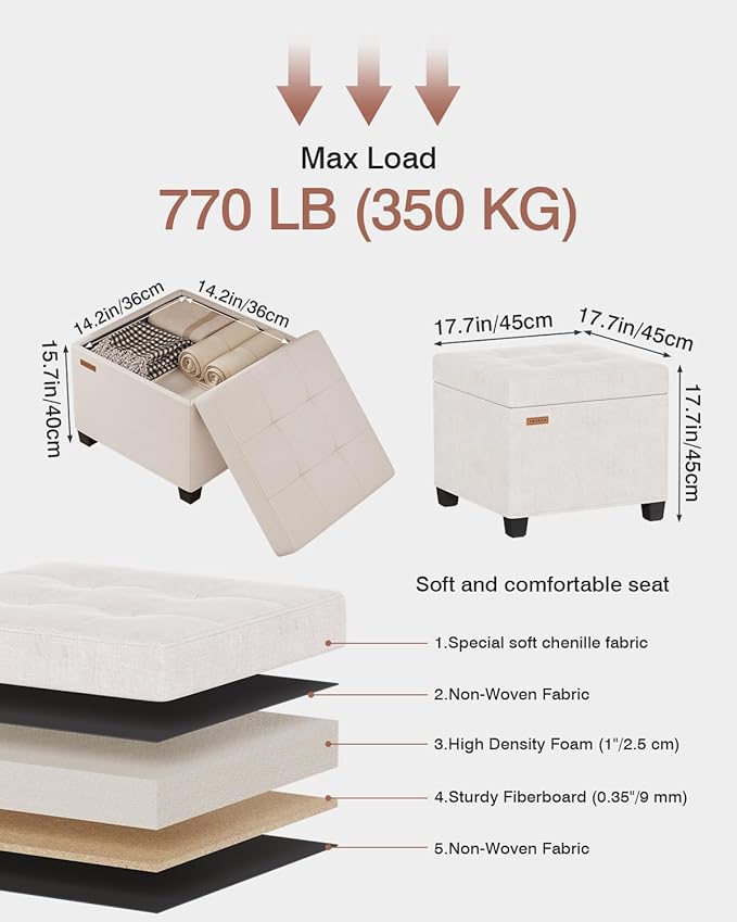 17.7 inches Chenille turfed Ottomans Cube with Legs, Metal-Framed Square Storage Ottoman Foot Rest Stool Holds 770 LB for Dorm Living Room Bedroom White UASND641W