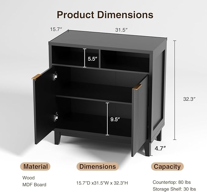 Buffet Cabinet with Storage - Elegant Fluted Storage Cabinet with Adjustable Shelves and Solid Wood Leg, Modern Buffet Sideboard for Living Room, Dining Room, Entryway