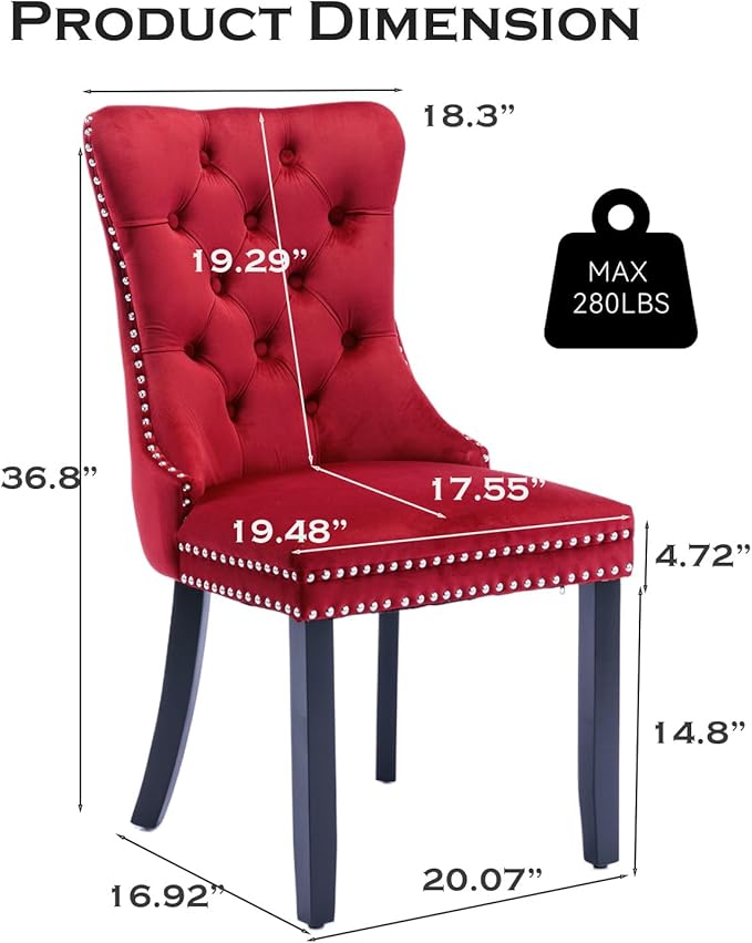 Velvet Upholstered Dining Chairs Set of 2, Modern Style Kitchen Side Chairs with Nailhead Trim and Wood Legs,Metal Pulling Ring for Dining Room Living Room(Wine Red,Set of 2)