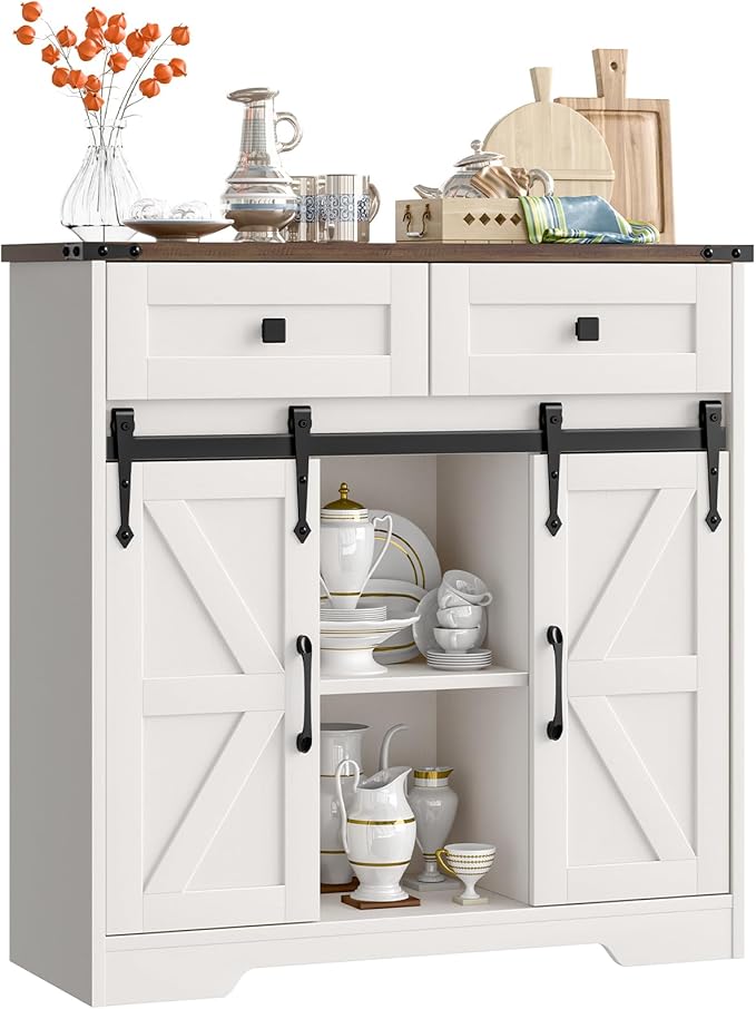 Farmhouse Storage Cabinet With Sliding Barn Doors and Drawers for Bathroom, Kitchen, Living Room - Rustic Style Floor Storage, White