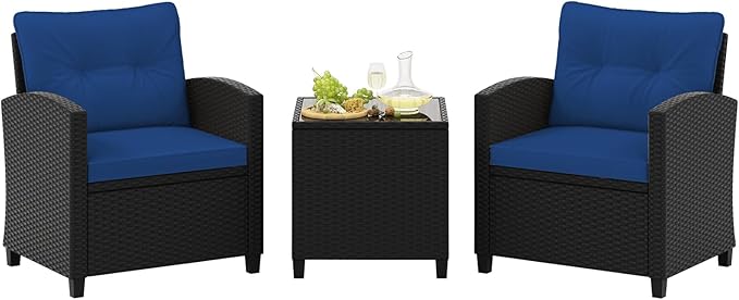 Tangkula 3 Piece Patio Furniture Set, Rattan Conversation Set w/Soft Seat & Back Cushions, Tempered Glass Topped Coffee Table, Cushioned Wicker Seating Set for Backyard, Porch, Poolside