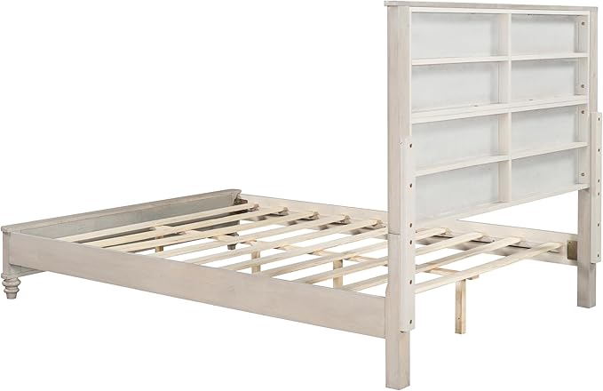 Queen Size Solid Wood Platform Bed Frame, Solid Wood Bed with 63.58" Headboard, Solid Wood Leg/No Box Spring Needed/Noise Free/Beige