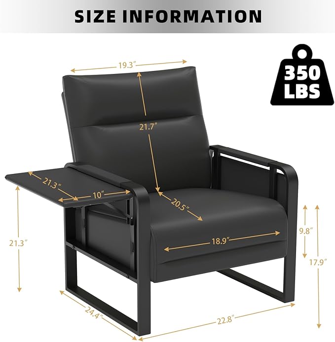 Faux Leather Accent Chair, Upholstered Armchair with Side Tray & Pocket, Comfy Reading Chair for Living Room, Bedroom, Guest Room, Black