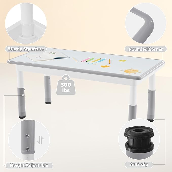 Adjustable Kids Table Chairs Set – Graffiti Desktop, Multi-Activity Height-Adjustable Toddler Study Desk for Ages 3-8 – Ideal for Home, Classroom, Daycare (B-Gray, 4 Chairs-47.2" L x 23.6" W)