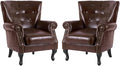 MOJAY PU Leather Accent Chair Set of 2, Mid-Century Modern Armchair Living Room Club Chair with Tufted Button & Rivet Trim, Upholstered Sofa Chair with Sturdy Wood Legs for Bedroom (Reddish Brown)