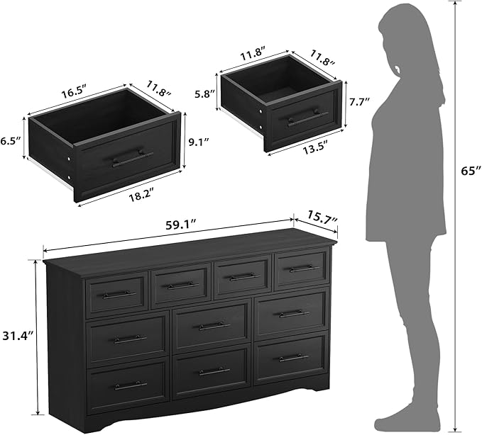 Black Farmhouse Dresser for Bedroom, 59" Wide Chest of Drawers with Brushed Metal Handle, 10 Chest of Drawers, Wood Closet Organizers and Storage Cabinet for Bedroom, Living Room, Hallway