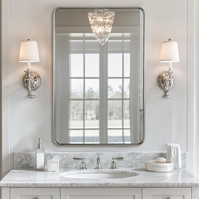 ANDY STAR Mirror for Bathroom, 24x36 Inch Brushed Nickel Bathroom Rectangle Mirror for Wall, Modern Rectangular Thick Tube Metal Frame for Vanity Over Sink, Explosion-Proof Film, Horizontal/Vertical