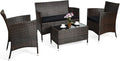 COSTWAY 4PCS Rattan Patio Furniture Set, Outdoor Wicker Rattan Chairs with Coffee Table, Rattan Cushioned Conversation Set for Backyard Balcony Porch Poolside, Black