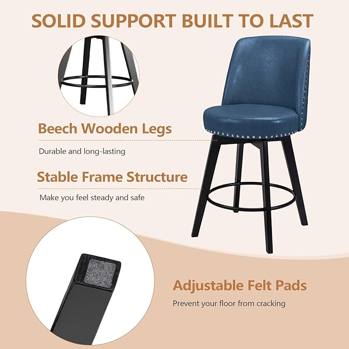 MINCETA Bar Stools Set of 4, PU Leather Barstools, 26 Inch Upholstered Counter Stools with High Back and Footrest, Swivel Counter Height Barstools for Kitchen Island Home Bar Navy Blue