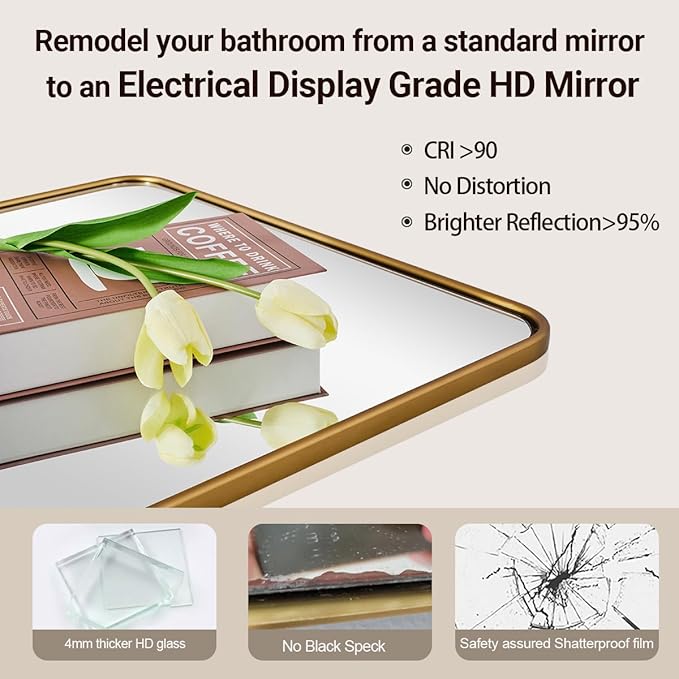 ANDY STAR Brass Mirror, 36x40 Inch Gold Rectangle Mirror for Bathroom with Rounded Corner, Brushed Brass Vanity Rectangular Mirrors with Tube Metal Frame, Wall Mounted