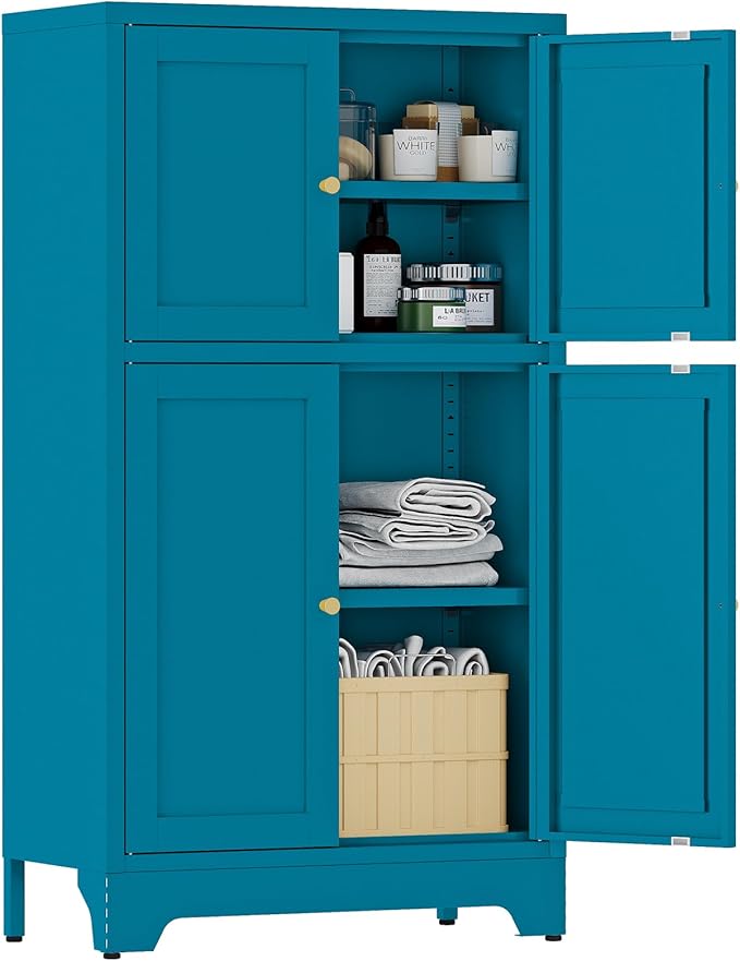 Blue Bathroom Floor Cabinet, Metal Storage Cabinet with 2 Adjustable Shelves & 4 Doors,Freestanding Sideboard for Dining Room,Living Room, Home Office