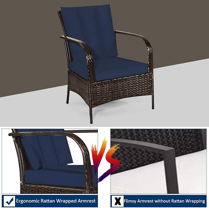 COSTWAY 3 Pieces Patio Rattan Furniture Set, Outdoor Conversation Chair Set with Coffee Table & 2 Cushions for Backyard, Porch, Poolside, Lawn, Garden, Navy