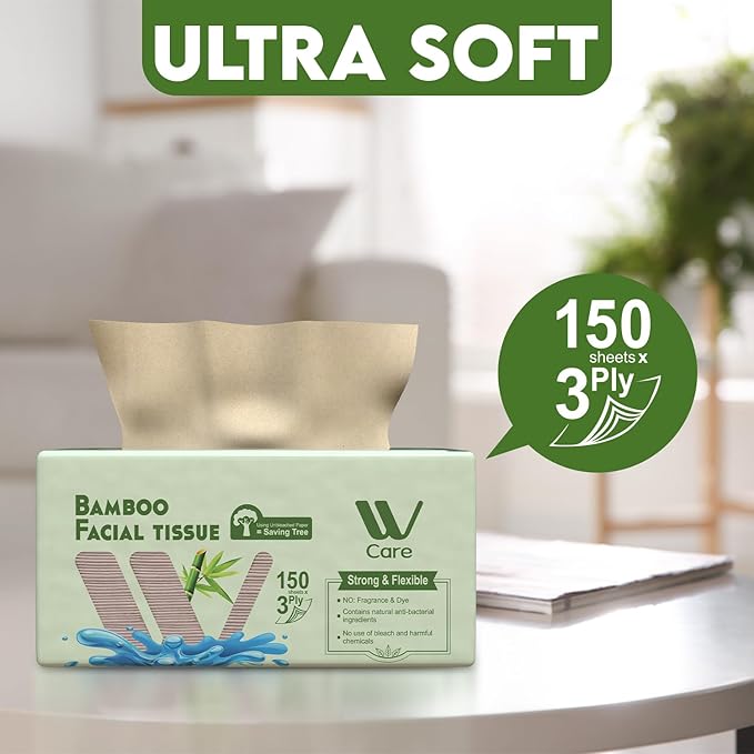WBM Care Bamboo Facial Tissues, Bulk Box of 10 Packs, 150 Sheets Each, Total 1,500 Sheets, Soft and eco-friendly, perfect for everyday use, great value