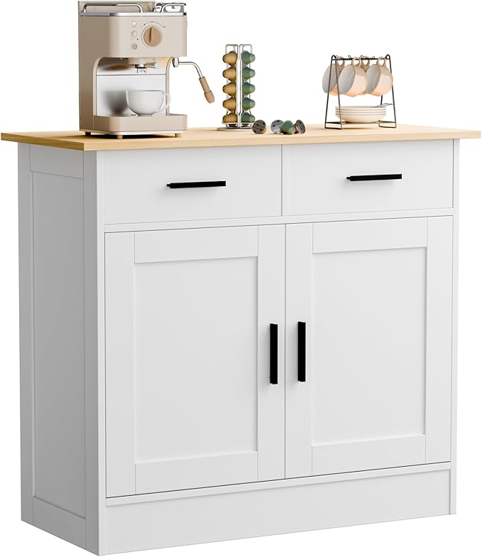 Buffet Cabinet with Storage - Buffets & Sideboards Kitchen Storage Cabinet, Wood Console Table Coffee Bar Accent Cabinets for Living Room Dining Room Entryway Small 2 Doors & Drawers, White 35.4"W