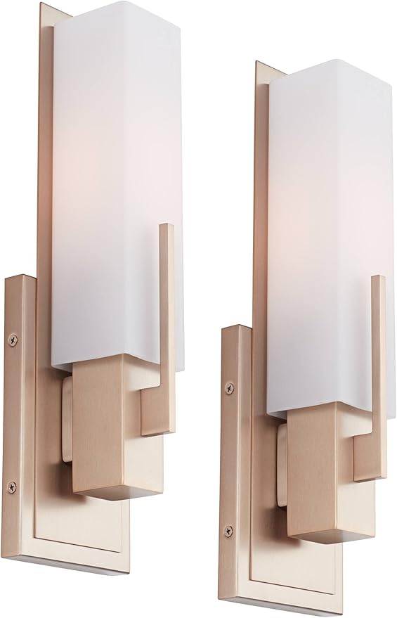 Possini Euro Design Midtown Modern Wall Light Sconces Set of 2 Burnished Brass Gold Hardwired 4 1/2" Fixture White Glass Shade for Bedroom Bathroom Vanity Living Room Home Hallway Dining Kitchen