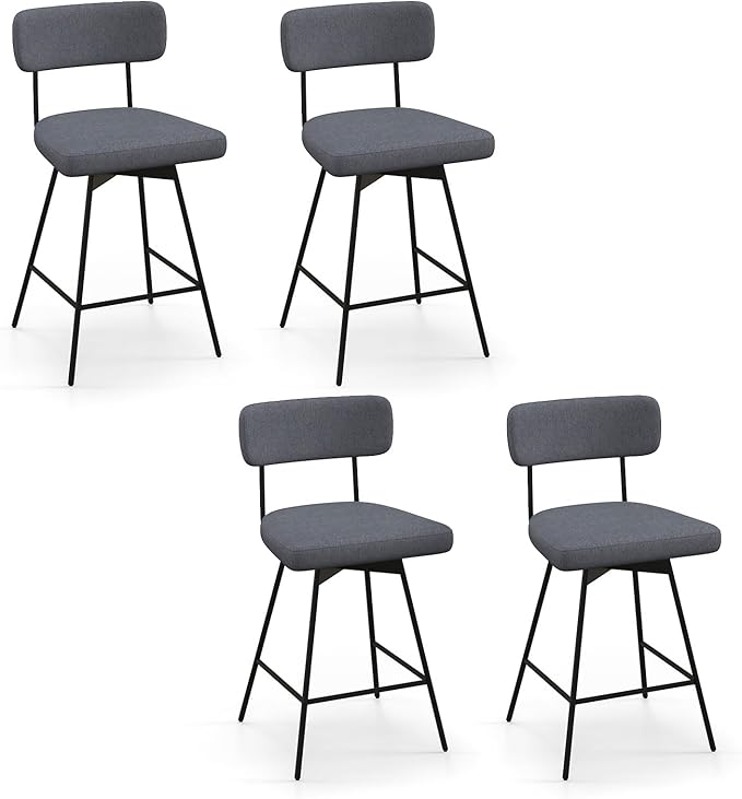 COSTWAY Bar Stools Set of 4, 25” Upholstered Counter Height Bar Stools with Back, 360° Swivel Dining Chairs with Heavy-Duty Metal Legs and Footrests, for Kitchen Island, Dining Room, Bar (4, Grey)