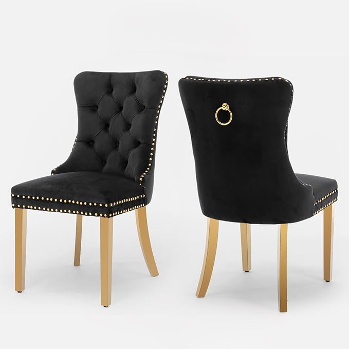 Velvet Upholstered Dining Chairs Set of 2, Modern Style Kitchen Side Chairs with Nailhead Trim and Gold Plated Leg, Metal Pulling Ring for Dining Room Living Room(Black,Set of 2)