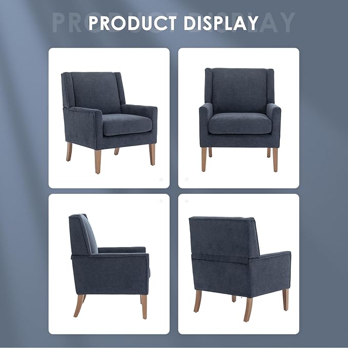 COLAMY Modern Wingback Living Room Chair, Upholstered Fabric Accent Armchair, Single Sofa Chair with Lounge Seat and Wood Legs for Bedroom/Office/Reading Spaces, Blue