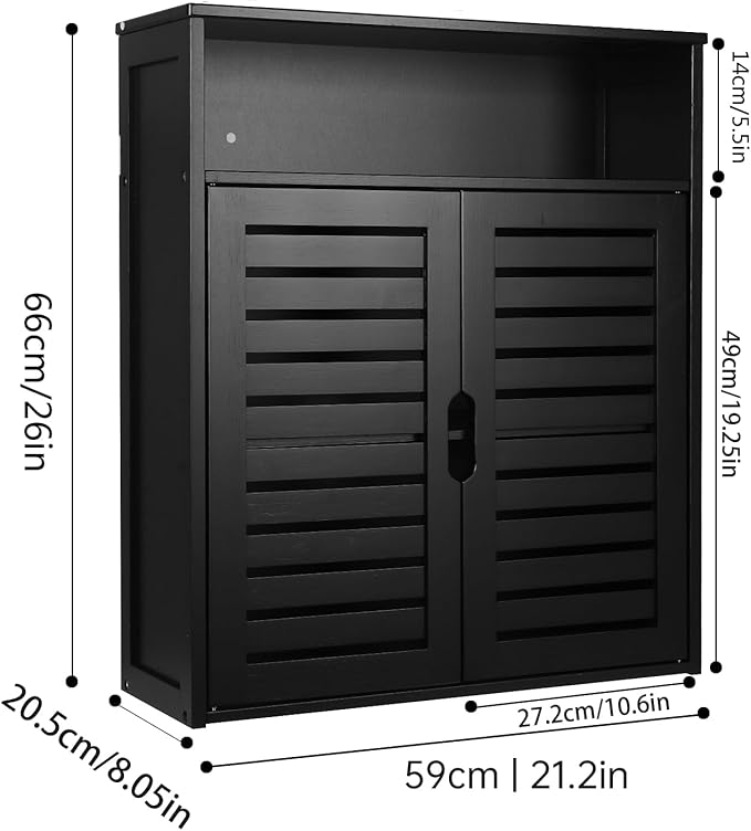HYNAWIN Wall-Mounted Black Bathroom Cabinet with Double Doors, Bamboo Storage Shelf Organizer for Kitchen, Living Room, or Bathroom