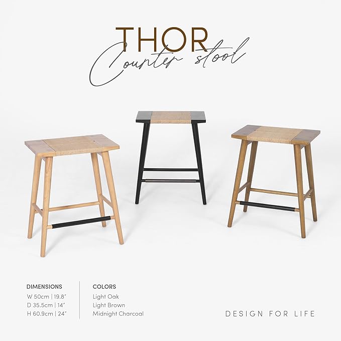 Thor Wicker Premium Solid Wood Counter Stool 24", Backless Counter Height Seating with Hand-Knitted Rope, Eco-Friendly Modern Design (Light Brown)